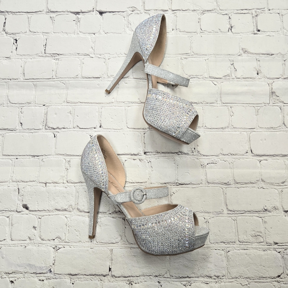 Rhinestone Silver Shimmer Stiletto Dress Heels Women's Size 10